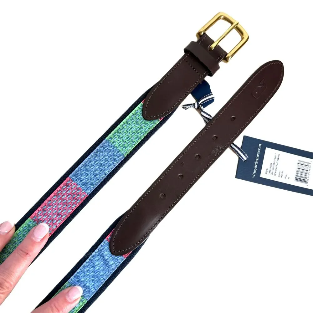 Vineyard Vines NEW Whale PatchworkPrint Fabric Belt Leather Ends Size 30 NWT